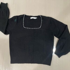 Astr Black Square Neck Sweater with Pearl Accents
